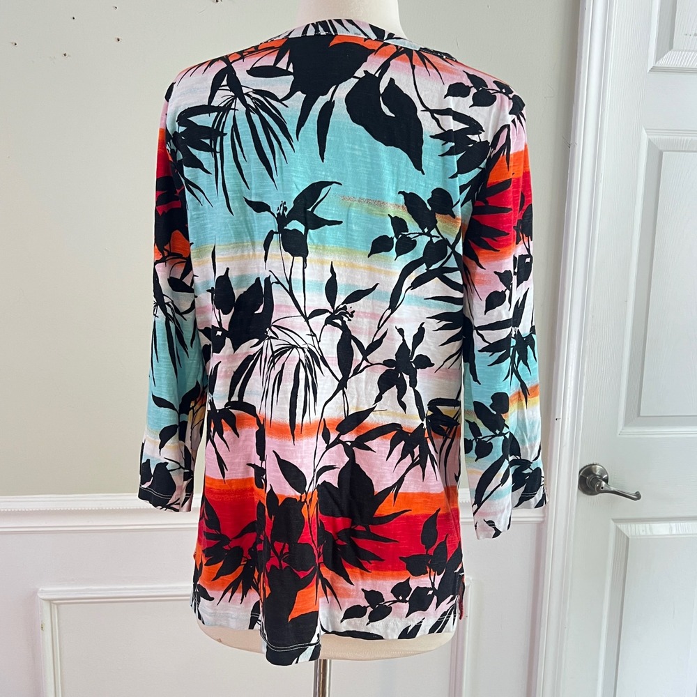 Chico's Lace Up Tunic Top Sz 2 L Tropical Floral 3/4 Sleeve Palm Coastal Summer - Picture 5 of 9
